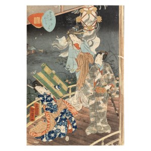 Utagawa Kunisada II (1723-1880), Der eifersüchtige Geist der Frau Yugao erscheint dem Prinzen Genji, 1857