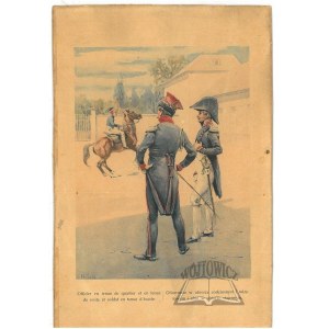 OFICEROWIE w ubiorze codziennym i wizytowym i ułan w ubiorze stajennym. Officier en tenue de quartier et en tenue de visite et soldat en tenue d'ecurie.