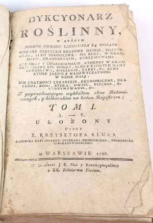 KLUK - DYKCYONARZ ROŚLINNY t.I, 1786