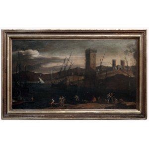 A scene at the harbor at sunset