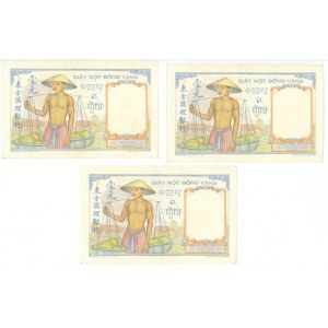 French Indochina 3 x 1 Piastre 1936 (ND) With Consecutive Numbers
