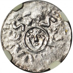 RRR-, Bolesław III Krzywousty 1107-1138, denar wrocławski przed 1107, MAŁA GŁOWA, R8