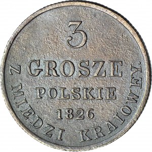 RRR-, Królestwo Polskie, 3 grosze 1826 z miedzi kraiowey, NOWE BICIE Petersburskie