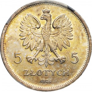 R-, 5 złotych 1928 Nike, ze znakiem bardziej oddalonym od stopy, Warszawa, mennicze