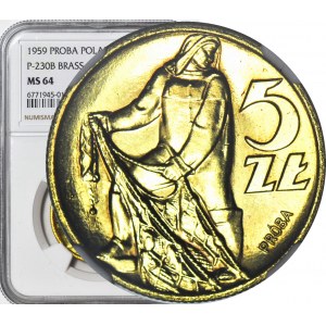 RR-, 5 złotych 1959 Rybak, PRÓBA, MOSIĄDZ, nakład 100szt., rzadkość, c.a., ZJAWISKOWE