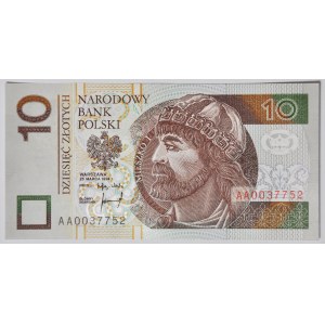 10 złotych 1994, druk TDLR Londyn, AA 0037752, dwa zera na początku