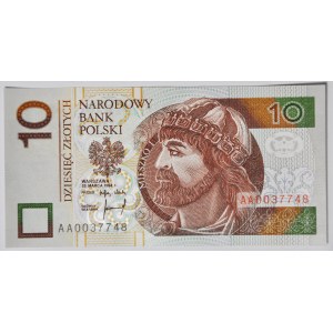 10 złotych 1994, druk TDLR Londyn, AA 0037748, ODMIENNY KOLOR, dwa zera na początku