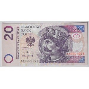20 złotych 1994, druk TDLR Londyn, AA 0023976, dwa zera na początku