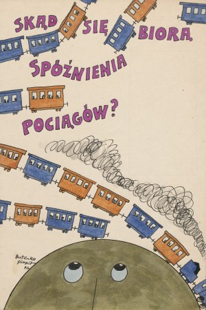 BUTENKO Bohdan - Skąd się biorą spóźnienia pociągów? [oryginalna ilustracja okładkowa do czasopisma Świerszczyk]