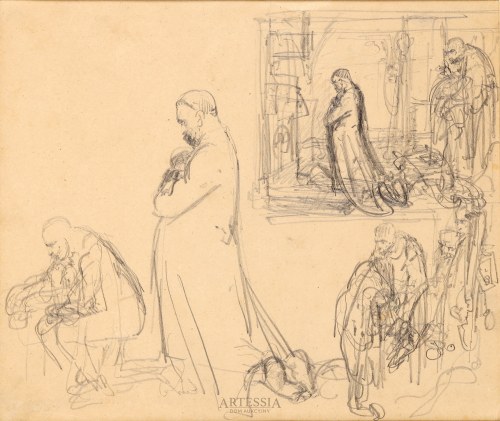 Jan Matejko (1838-1893), Szkice modlącego się dostojnika oraz Attyki Sukiennic - rysunek dwustronny
