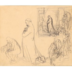 Jan Matejko (1838-1893), Sketches of a praying dignitary and the Attics of the Cloth Hall - double-sided drawing