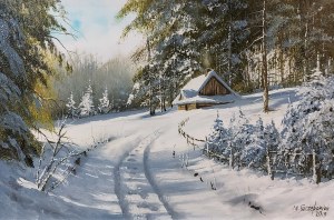 Marek Szczepaniak, Stary domek w zimowym lesie, 2019