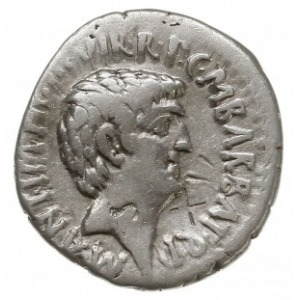 denar 41 pne, mennica ruchoma, Aw: Głowa Marka Antonius...