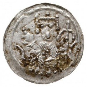 Denar 1157-1166 , Aw: Cesarz siedzący na tronie na wpro...