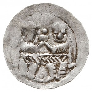 Denar 1146-1157, Aw: Dwaj książęta za stołem, Rw: Rycer...