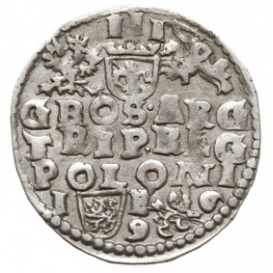 trojak 1596, Lublin, skrócona data po bokach znaku menn...