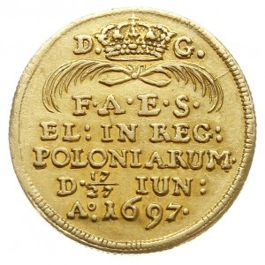 dukat koronacyjny 1697, Drezno, Aw: Król na koniu, Rw: ...