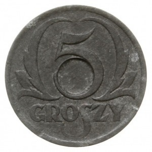 5 groszy 1939, cynk, moneta bez otworu z wyraźnie zazna...