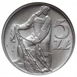 5 złotych 1958, Warszawa, “Rybak”, odmiana z wąską cyfr...