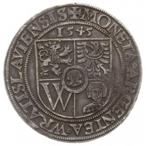 półtalar 1545, Wrocław, Aw: Tarcza herbowa, nad nią dat...
