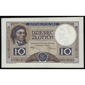 10 złotych 28.02.1919, klauzula w 9 wierszach na fiolet...