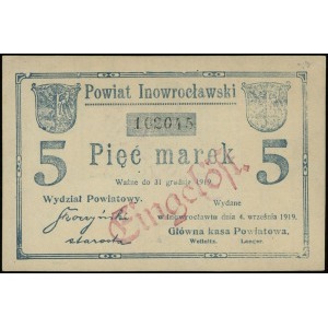 5 marek 4.09.1919, numeracja 102045, papier ze znakiem ...