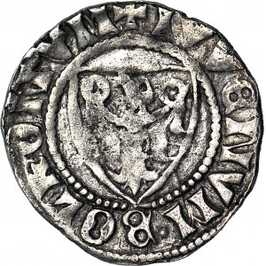 R-, Bernhard II. von Świdnica oder Heinrich I. von Jaworski oder Bolko II. und Heinrich II., vierteljährlicher Ritterhelm, Lwówek 1301-1312