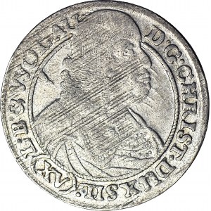 Slezsko, Chrystian Wołowski, 15 krajcarů 1663, Brzeg, SIL před nominálem, WOLAU, krásný