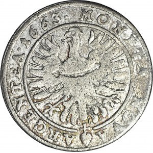 Slezsko, Chrystian Wołowski, 15 krajcarů 1663, Brzeg, SIL před nominálem, WOLAU, krásný