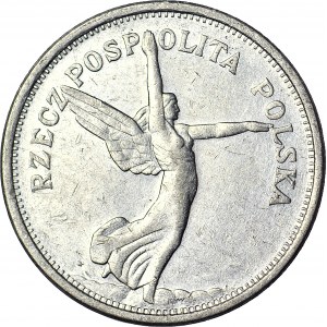 R-, 5 zlotých 1928 Nike, se značkou dále od nohy, Varšava