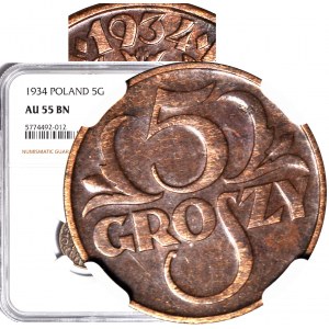 5 groszy 1934, NAJRZADSZE, piękne, SKRĘTKA 350stopni