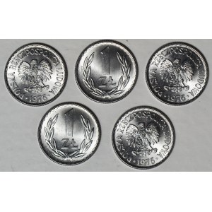 1 złoty 1976, mennicze, lot 5 szt.
