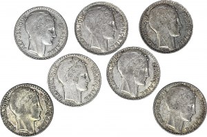 France, 10 francs 1929-34, set of 7 pieces.