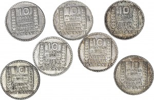 France, 10 francs 1929-34, set of 7 pieces.
