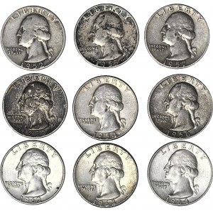 United States of America (USA), 25 cents 1952-1964, Philadelphia, set of 9 pieces