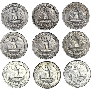 United States of America (USA), 25 cents 1952-1964, Philadelphia, set of 9 pieces