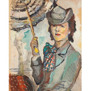 Olga Slomczynska (1881 Vevey - 1941 Paris), Woman with an Umbrella (recto) / Lamp and Trinkets on a Table (verso)