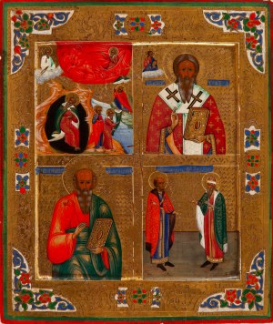 Artist unspecified, Russian (19th century), Four-quarter icon with figures of saints, early 20th century.u