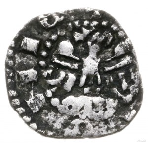 denar, po 1320 roku; Aw: Hełm w lewo, z pięcioma pióram...