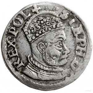 trojak 1579, Olkusz; Aw: Mała głowa króla (dzieląca nap...