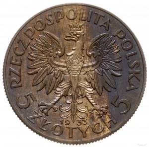 5 złotych 1933, Warszawa; Głowa kobiety w czepcu w lewo...