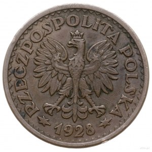 1 złoty 1928, Warszawa; nominał w wieńcu z kłosów zboża...