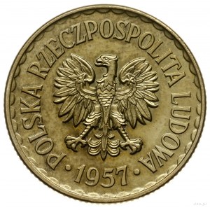 1 złoty 1957, Warszawa; nominał 1, wklęsły napis PRÓBA ...