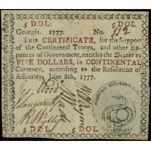 Georgia, 5 dolarów 8.06.1777, for the Support of the Co...