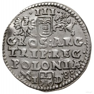 trojak 1588, Poznań; mała głowa króla, korona wysoka z ...
