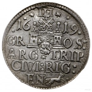 trojak 1619, Ryga; mała głowa króla, gwiazdki i romby p...
