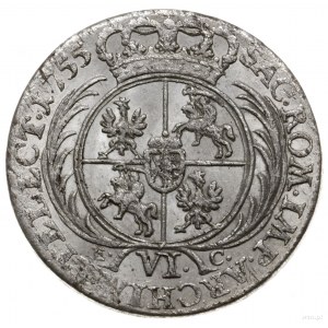 szóstak 1755, Lipsk; szerokie popiersie króla, korona n...
