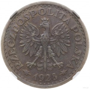 1 złoty 1928, Warszawa; nominał w wieńcu liściastym z o...