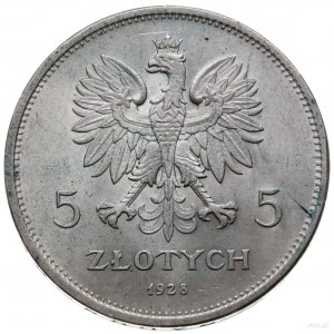 5 złotych 1928, Warszawa; Nike, wariant ze znakiem menn...