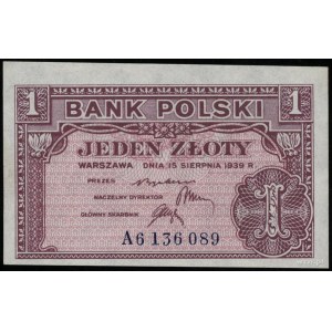 1 złoty 15.08.1939, seria A, numeracja 6136089; Lucow 1...